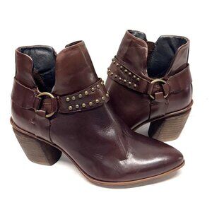 MIZ MOOZ LEATHER BOOTIE SIDE ZIP BUCKLE / STUDS CHESTNUT 37EU / 7US # Z-212